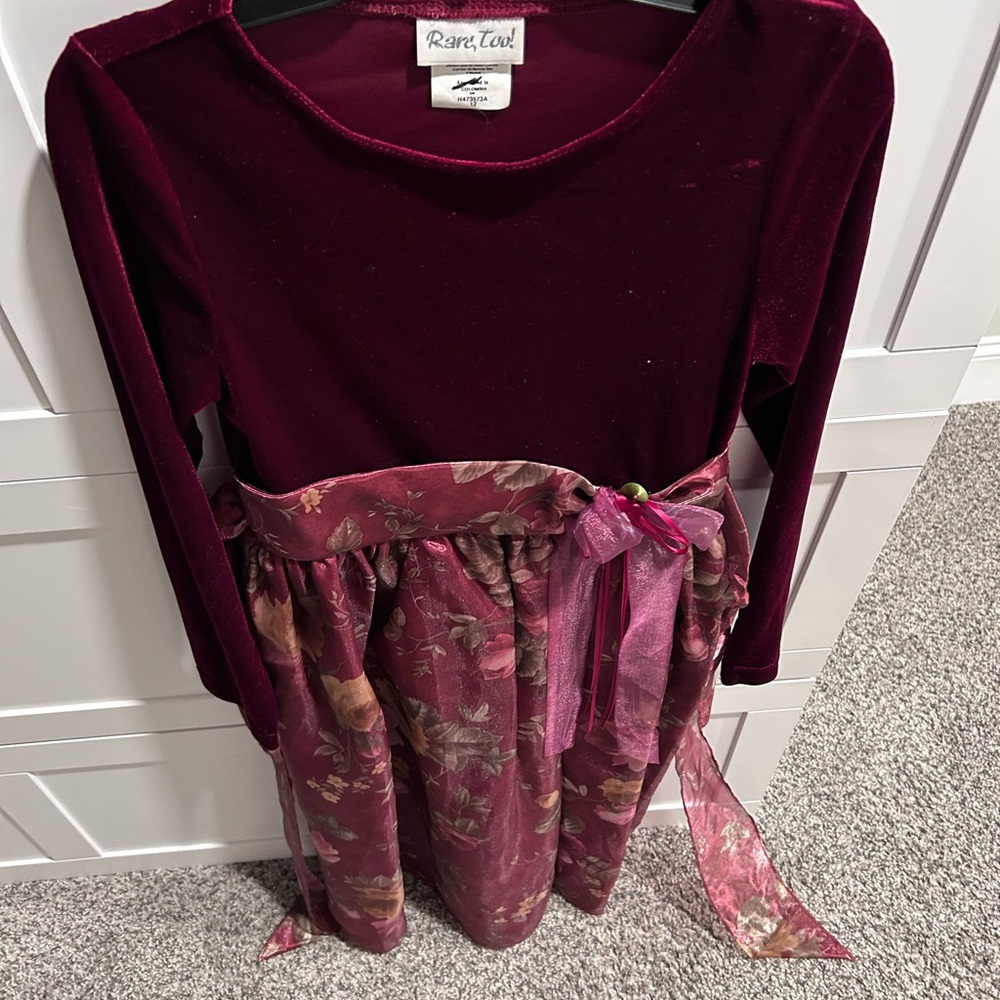 Rare Editions Deep Red Velvet Dress with Floral Sash